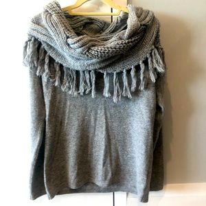 Cashmere Wool Off Shoulder Cable Fringe Sweater